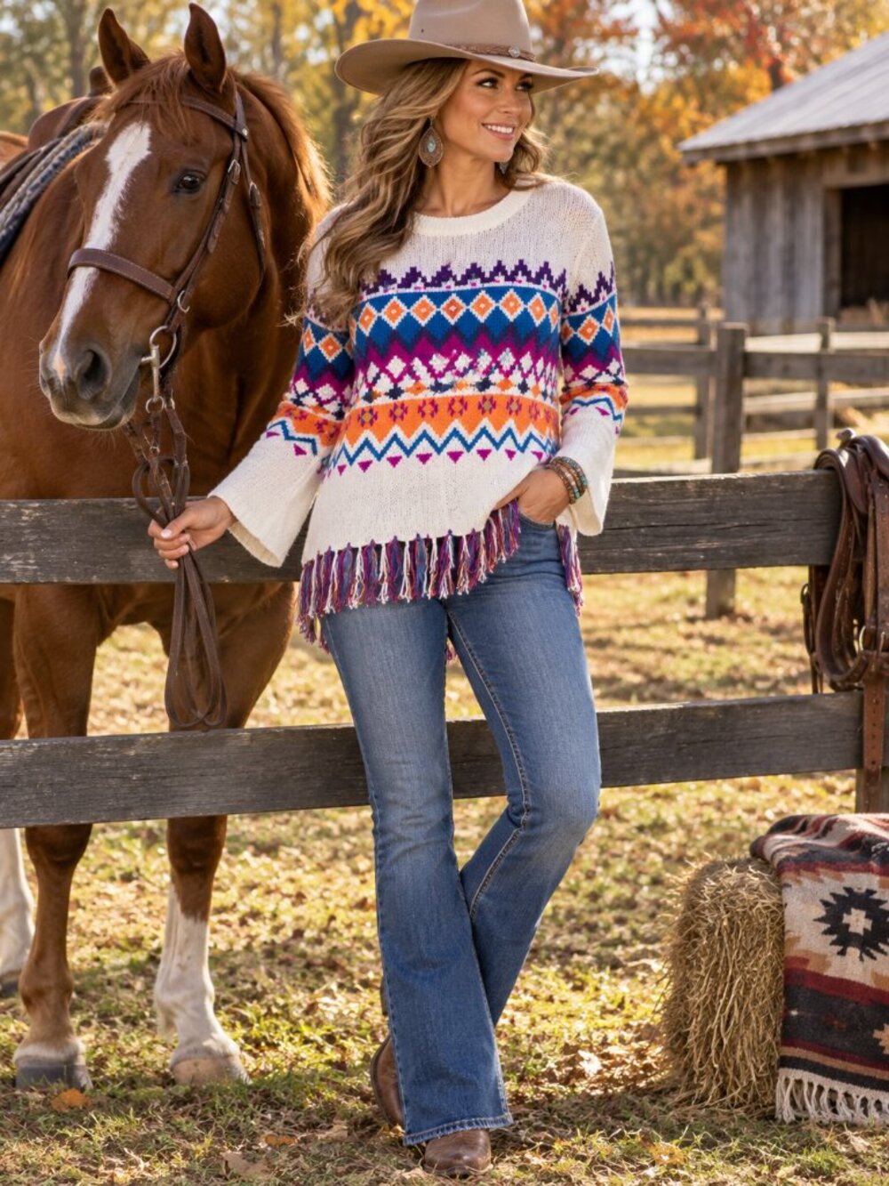 UMGEE Sweater w/Fringe White w/Multi-Color Southwest Design NWT L